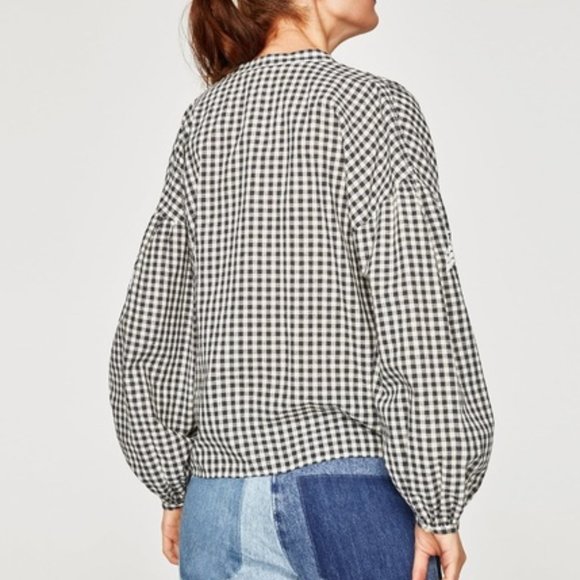 ZARA Trafaluc Gingham Embroidered Boho Peasant Top - Picture 7 of 10